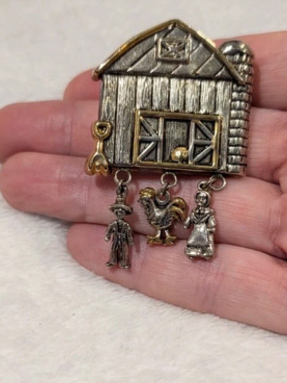 Silver & Gold Farm Charm Brooch Pendant Signed Best